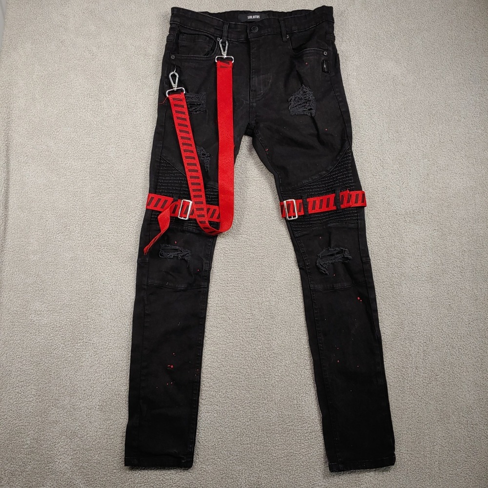 Solutus Skinny Jeans - Men 33x32 Black Distressed - Red Straps Red Skater Pants